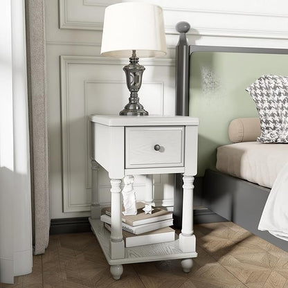 LEEMTORIG Solid Wood End Table Narrow Side Table with Drawer, Cherry Wood End Table Living Room, 13" W Slim Bedside Table Small Nightstand, 22" D x 22.7" H, No-Tools Assembly, Gray White BBJ-004-RW