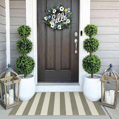 OJIA Striped Rug 24"x51" Washable Fall Front Door Mat Halloween Doormat Woven Entry Rug Cotton Indoor Outdoor Rug Small Checkered Rugs for Porch Kitchen Entryway Patio Bathroom (Green/White/Tan)