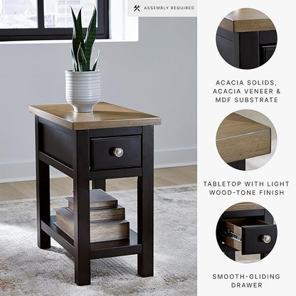 Signature Design by Ashley Drazmine Casual 1 Drawer Chair Side End Table with USB Charging Ports, 1 Lower Shelf and Power Cord, Light Brown & Black