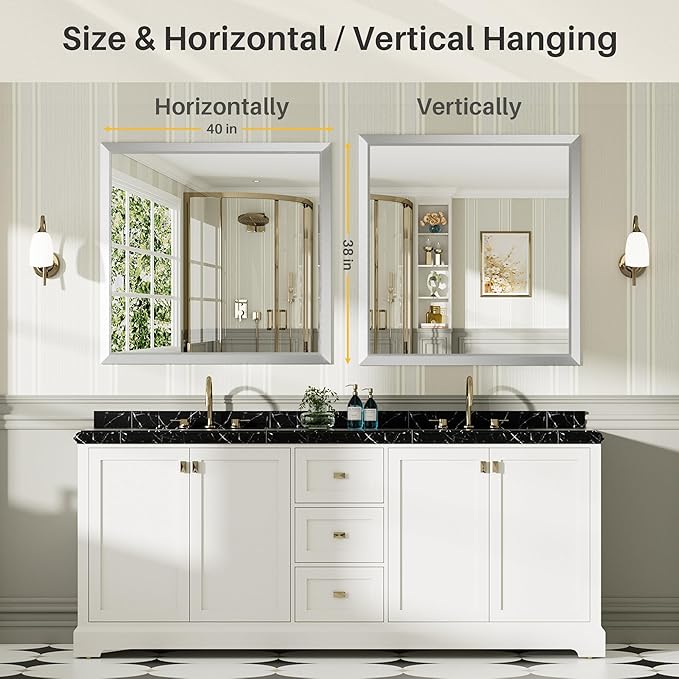 40x38 Inch Silver Bathroom Mirror for Wall, Thick Metal Framed Rectangle Mirrors for Over Sink, Bedroom, Living Room, Entryway, Anti-Rust, HD Tempered Glass