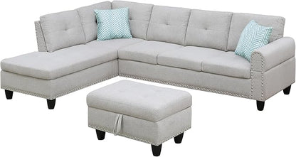 Ball & Cast 98" L Shaped Sectional Couch for Living Room with Chaise & Storage Ottoman,4 Seat Linen Upholstered Modular Sectional Sofa Set 3 PCS W/Cup Holder & Nailhead Trim,for Home,Office,Light Gray