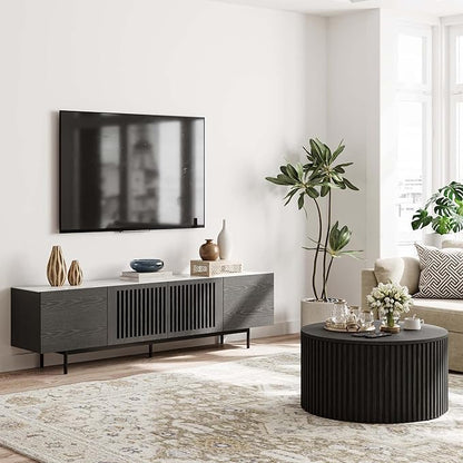 POVISON Mid Century Modern Sintered Stone TV Stand, Slatted Media Console TV Cabinet with Tall-cast Metal Legs, Fluted Entertainment Center with Storage, Fully-Assembled (Black, 70.87")