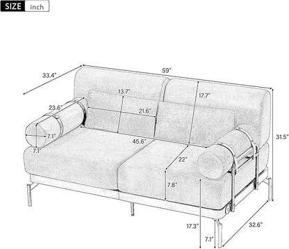 Modern Loveseat Sofa 59" Sofa Couch 2-Seater Sofa with Flexible USB Ports, Unique Cylindrical Armrests for Living Room, Red