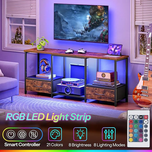 HOOBRO LED TV Stand with Storage, LED Entertainment Center with Open Shelves and Drawer, Fits TVs up to 55", Television Stand for Living Room, Bedroom, Rustic Brown and Black BF123DDS01