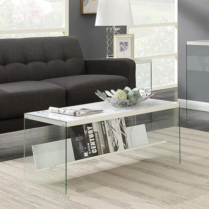 Convenience Concepts SoHo Glass Modern Living Storage Shelf, Contemporary Coffee Table for Family Room, 40", Faux White Marble