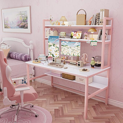 Aquzee Pink Desk with Hutch for Girls, 55in Computer Desk with Bookshelf for Teens Adults, Craft Table for Bedroom Kids Room, White Pink Study Table with Shelves for Storage