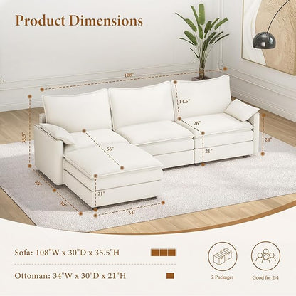 Vesgantti 108" Modular Sectional Sofa, Comfy Cloud Couch with Movable Ottoman Deep Seat Chenille L Shaped Modular Sofa, Sectional Couches for Living Room, Bedroom and Apartment, Snow White