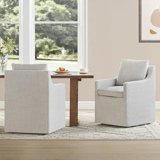 Upholstered Dining Chairs with Casters Easy Assembly Side Deskchair with Rollers for Diningroom, Living Room, Linen, 2 Box