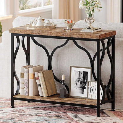 IBF 39.4" Narrow Console Table, Farmhouse Entryway Table in Living Room Hallway Foyer Entrance, Industrial Wood Metal Sofa Table Entry way Behind Couch Tables with 2-Tier Storage Shelves, Rustic Brown