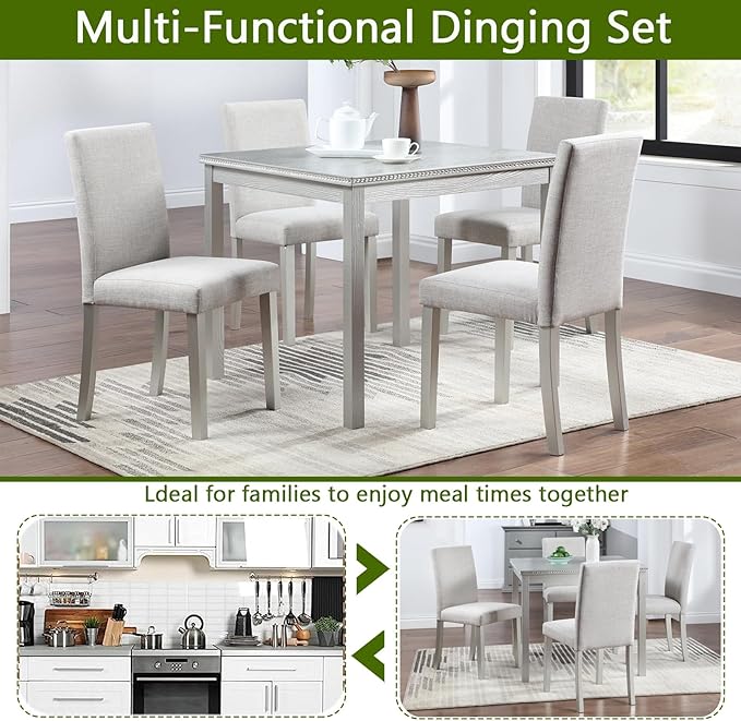 KEIKI 5-Piece Standard Height Dining Table Set with Square Table and 4 Upholstered Chair, for 4 Person, Classic Crystal Decoration Wood Table Set, Easy Assembly, for Kitchen, Dining Room, Silver Grey