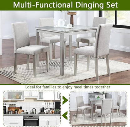 KEIKI 5-Piece Standard Height Dining Table Set with Square Table and 4 Upholstered Chair, for 4 Person, Classic Crystal Decoration Wood Table Set, Easy Assembly, for Kitchen, Dining Room, Silver Grey