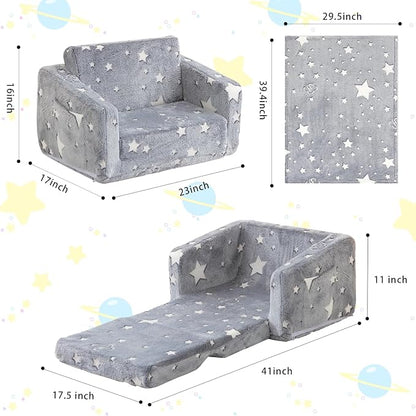 Kids Couch Fold Out, Foldable Toddler Couch with Blanket, Kids Sofa for Girls & Boys, Flip Out Toddler Chair, Convertible Sofa to Lounger for Children Age 1-3 (Glow Star)