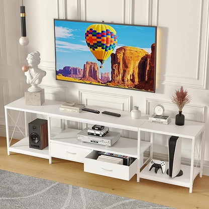 TV Stand with Fabric Drawer for 65 70 75 Inches TV - Entertainment Center and Industrial TV Console Table with Open Storage Shelves for Living Room, Bedroom - 63" White