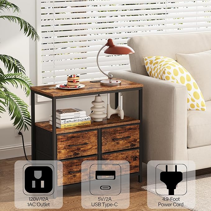 TUTOTAK Large Night Stand with Charging Station, Nightstand with USB and Type-C Port, Bedside Table with Cloth Drawers, End Table for Livingroom, Bedroom, Brown TB01BB081