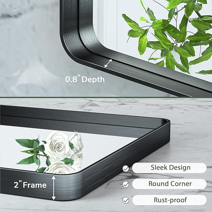 TokeShimi Black Bathroom Mirror for Wall 60 x 28 in Vanity Mirror with Non-Rusting Aluminum Alloy Brushed Matte Metal Frame for Modern Minimalist Farmhouse Home Decor (Horizontal/Vertical)