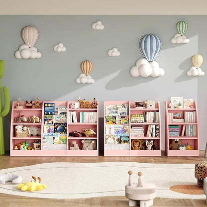 4 Tier Kids Bookshelf,4 Layer Sling Kids Book Shelf for Kids Rooms,Wood Children Bookcase,Baby Storage Book Rack,Toddler Bookshelf, Book and Toy Organizer,Book Display Shelf for Bedroom, Nursery