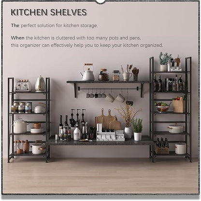 4NM No-Assembly Folding Bookshelf Storage Shelves 4 Tiers Vintage Bookcase Standing Racks Study Organizer Home Office (Gray Black)