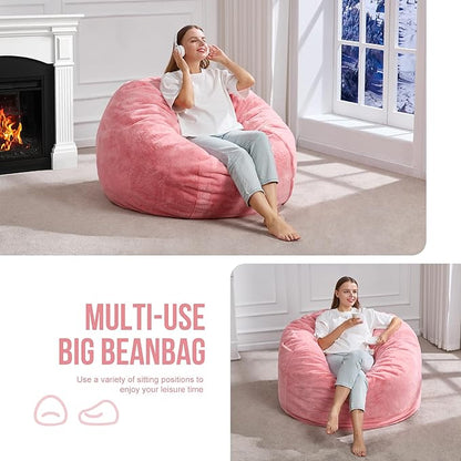 Hobestluk 3ft Bean Bag Chairs for Adults Large Beanbag Chair with Plush Faux Fur Cover Big Bean Bag Chair for Living Room Bedroom Dorm Office -Pink (36” x 36” x 22”)