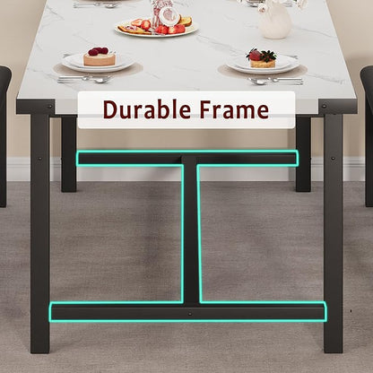 GarveeHome Extendable Dining Table Set for 4-6, Rectangle Large Extendable Kitchen Table with 2 Upholstered Benches & Metal Corner Protect for Dining, Apartment, Space Saving, Marble White