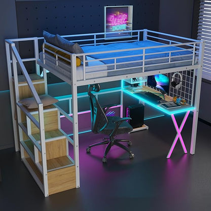 Merax Full Size Metal Loft Bed with Built-in Work Station, Wardrobe, Storage Staircase and LED, Gaming Bed for for Kids Teens Adults, Full-Length Guardrails, No Box Spring Needed, White
