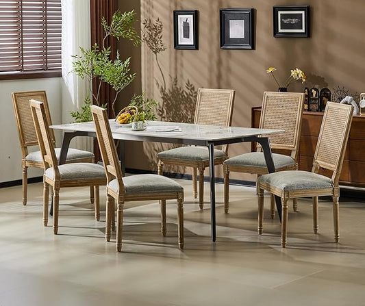 Merax Upholstered Solid Wood Dining Chairs Set of 6, French Country Style Accent Side Seating Furniture for Kitchen, Living Room, Wicker Back, Grayish Green