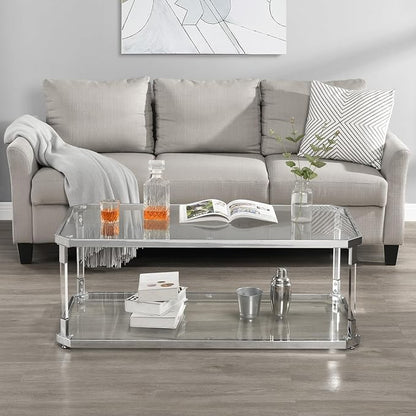 Glass Top Coffee Table, Sliver Rectangle Coffee Table Glass Top with 2 Tiers, Acrylic Leg, Chrome Frame, Modern Center Table for Living Room