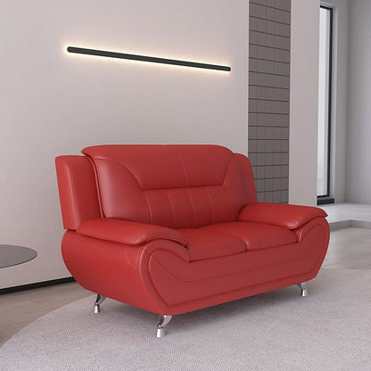 Container Furniture Direct Michael Modern Faux Leather Upholstered Stainless Steel Legs Living Room Loveseat, Persian Red