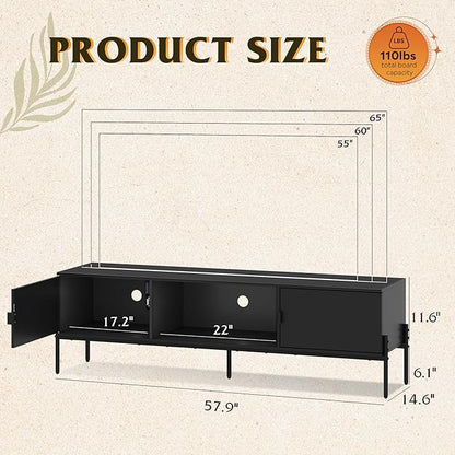 WLIVE Modern TV Stand for 65 Inch TV, Mid Century Entainment Center with Storage, TV Console with Open Shelf and 2 Cabinets for Bedroom and Living Room, TV Cabinet with Metal Legs, Black