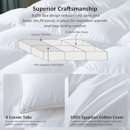 Luxurious All-Season Goose Down Feather Fiber Comforter Queen Size Duvet Insert, Premium White Solid Plain Design, Premium Baffle Box, 100% Egyptian Cotton, 70 oz Fill Weight
