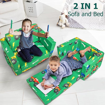Kids Couch, 2-in-1 Kids Fold Out Sofa, Convertible Toddler Couch to Lounger for Girls and Boys, Soft Toddler Chairs Comfy 1-3 Years Old (Green Monster Truck)