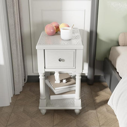 LEEMTORIG Set of 2 Solid Wood End Table Narrow Side Table with Drawer, Cherry Wood End Table Living Room, 13" W Slim Small Nightstand, 22" D x 22.3" H, No-Tools Assembly, Gray White BBJ-004-RW