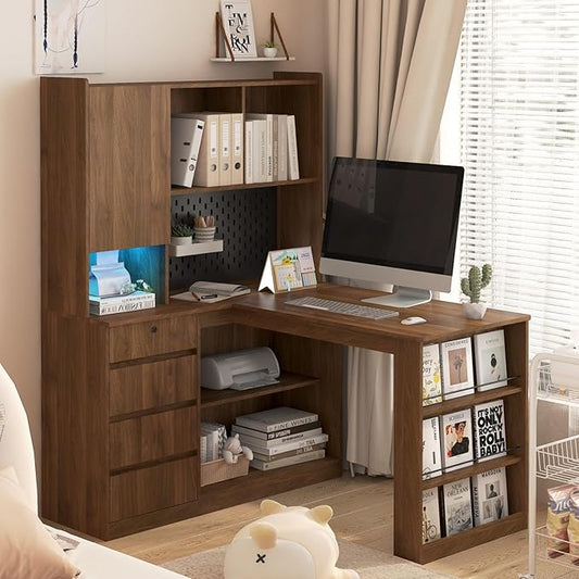 KEIKI L Shaped Home Office Desks with LED Light, Pegboard, Hutch, Drawers, Bookshelf & Storage Shelves, Modern Wooden Gaming Computer Corner Table for Work, Study, Writing