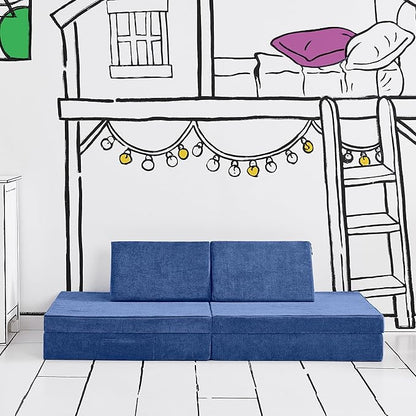 Yourigami Kids and Toddler Play Couch, Convertible Folding Sofa, Durable Foam Modular Design, Sapphire Caves XL
