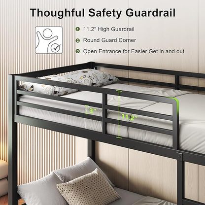 Feonase Metal Bunk Bed Twin Over Twin with Ladder and High Guardrail, Heavy-Duty Metal Slats Support, Noise Free, No Box Spring Needed, for Kids and Juniors, Vintage