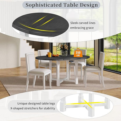 Merax 5-Piece Extendable Dining Table and 4 Upholstered Chairs, Round Oval Dining Table Set for 4, Wood MDF Kitchen Table Set with Removable Leaf for Dining Room, 42" to 58" (Grey+White)