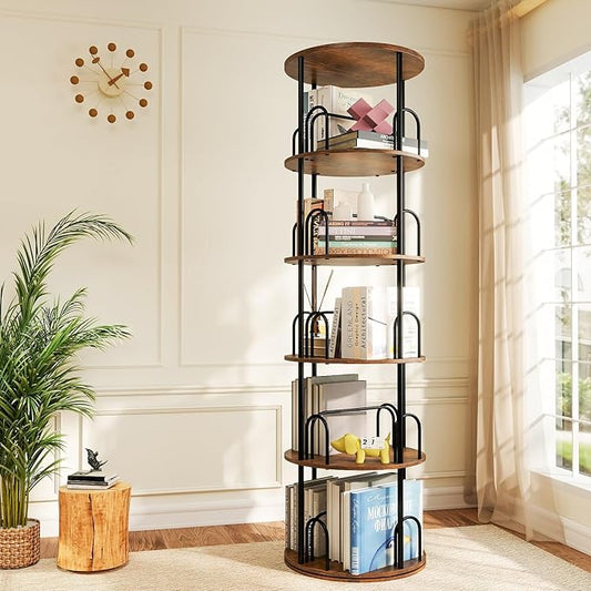 5-Tier Rotating Bookshelf, 360° Round Spinning Book Shelf Tower, Tall Skinny Wood & Metal Bookshelf for Corner/Office/Home, Modern Industrial Vintage Style
