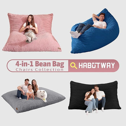 HABUTWAY 4-in-1 Bean Bag Chair, Convertible Chair with High-Density Memory Foam Filling & Machine Washable Cover, Giant Bean Bag Chair for Adults (Pink)
