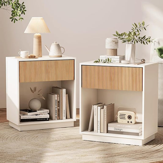 Fluted Nightstands Set of 2, Modern Bedside Table with Drawer and Storage Shelf, Wood End Table Mid Century Night Stands for Bedroom Living Room Sofa Couch Office (White+Oak)