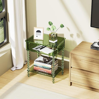 Acrylic Side Table, Clear 3-Tier End Table with Storage, Nightstand for Living Room, Bedroom, Office (Green, 11.8 ×15.7 × 19.7)