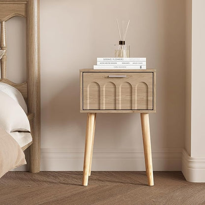 Nightstand Set of 2, Small Bed Side Table with Arch Door, Mid-Century End Table with Wood Legs for Bedroom, Small Space (Natural)