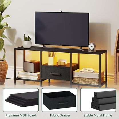 TV Stand with LED Lights, Entertainment Center with Open Shelves and Fabric Drawer, Media Console for 55 Inch TV, Television Stands for Living Room, Bedroom, Black