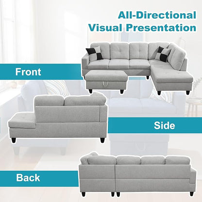 Couches for Living Room Modern L Shaped Couch Comfy Flannel Fabric 3 Pieces Sectional Sofa with Chaise, Ottoman with Storage for Office and Small Apartment, Light Grey