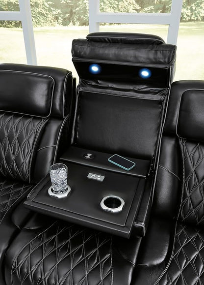 Signature Design by Ashley Boyington Contemporary Leather Match Power Reclining Sofa with Adjustable Headrest, Cup Holder, USB Charging Ports, Air Massage System and LED Lighting, Black