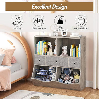 IDEALHOUSE 7-Cubby Large Kids Toy Storage Organizer, Children Wood Bookcase and Bookshelf, 3-Tier Toy Storage Cabinet with 3 Drawers for Hallway, Playroom, Living Room, School,Gray