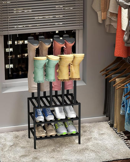 Black Boot Rack, Small Boot Rack Organizer Tall Boots with Shoe Rack for Closet, Bamboo Wood Shoe Shelf Storage Organizer for Entryway Small Space
