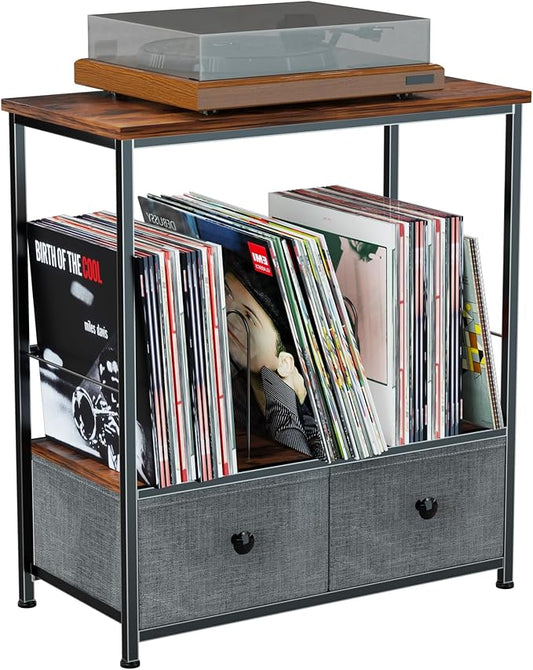 Record Player Stand with Vinyl Storage, 2-Tier Record Shelf Table with Fabric Drawer, Holds Up to 110 Vinyl Records, Record Player Table for Turntable and Albums, 23.62"D × 11.81" W× 25.59"H