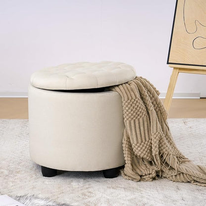 Furniliving Modern Round Storage Ottoman,Button Tufted Ottoman Foot Stools Ottoman Footstool with Removable Lid Storage Ottoman for Living Room, Bedroom, Makeup Room，Beige