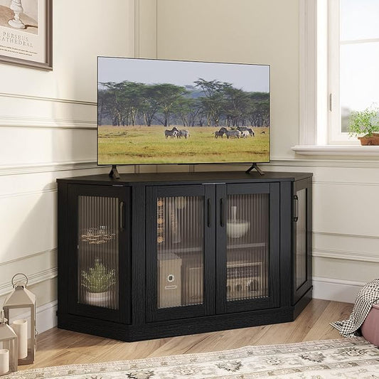 Panana Corner TV Stand - 47 Inch Media Console with 4 Doors and Shelves, Living Room Storage Entertainment Center for TVs up to 51 Inch (Black)
