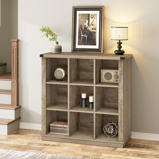 GarveeHome 9 Cube Storage Organizer Bookshelf, 4 Tier Farmhouse Horizontal Bookcase, 37.4 Inch Wood Storage Bookcase for Entryway, Long Low Bookshelves for Living Room-Grey