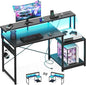 AODK Computer Desk, 48 Inch Gaming Desk with Led Lights & Power Outlet, Office Desk with Storage Shelves, Reversible Desk with Monitor Shelf & Headphone Hook, Carbon Fiber Black